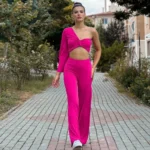 İspanyol Paça - Tek Omuz Pembe Crop Tayt Takım