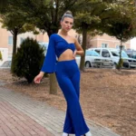 İspanyol Paça - Tek Omuz Mavi Crop Tayt Takım