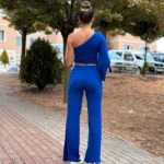 İspanyol Paça - Tek Omuz Mavi Crop Tayt Takım
