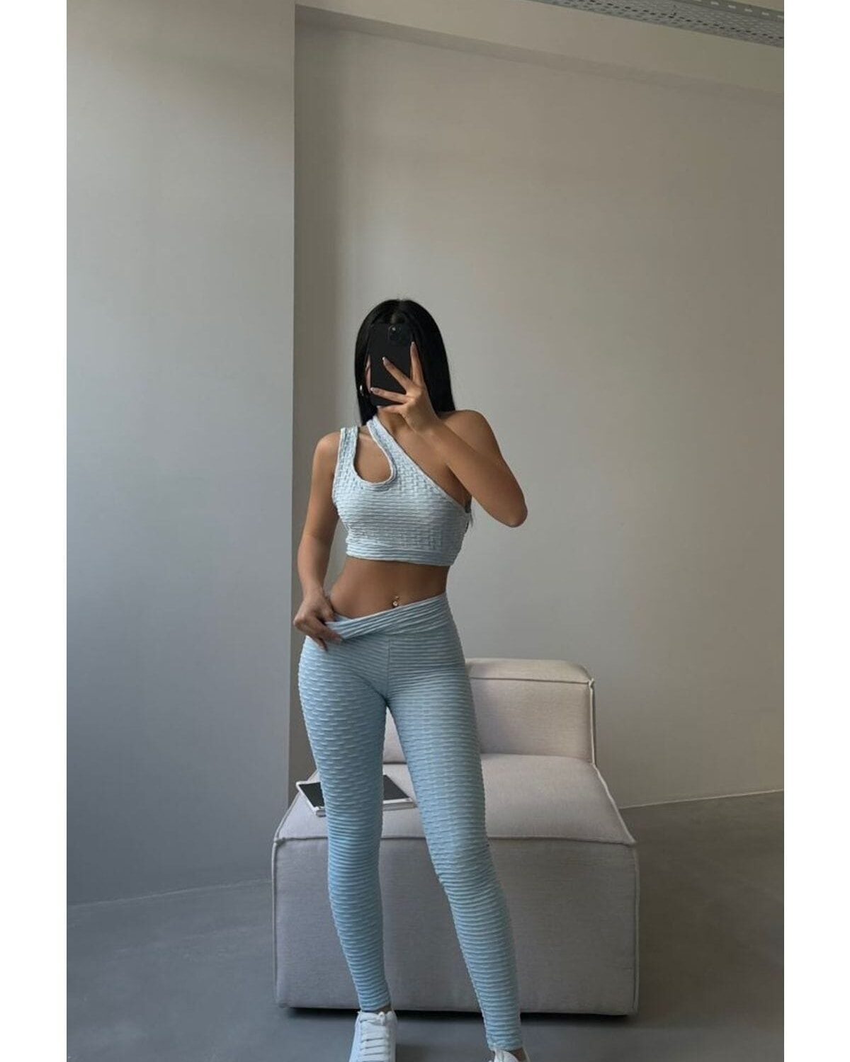 Asimetrik Askılı Mavi Crop - Tayt Takım