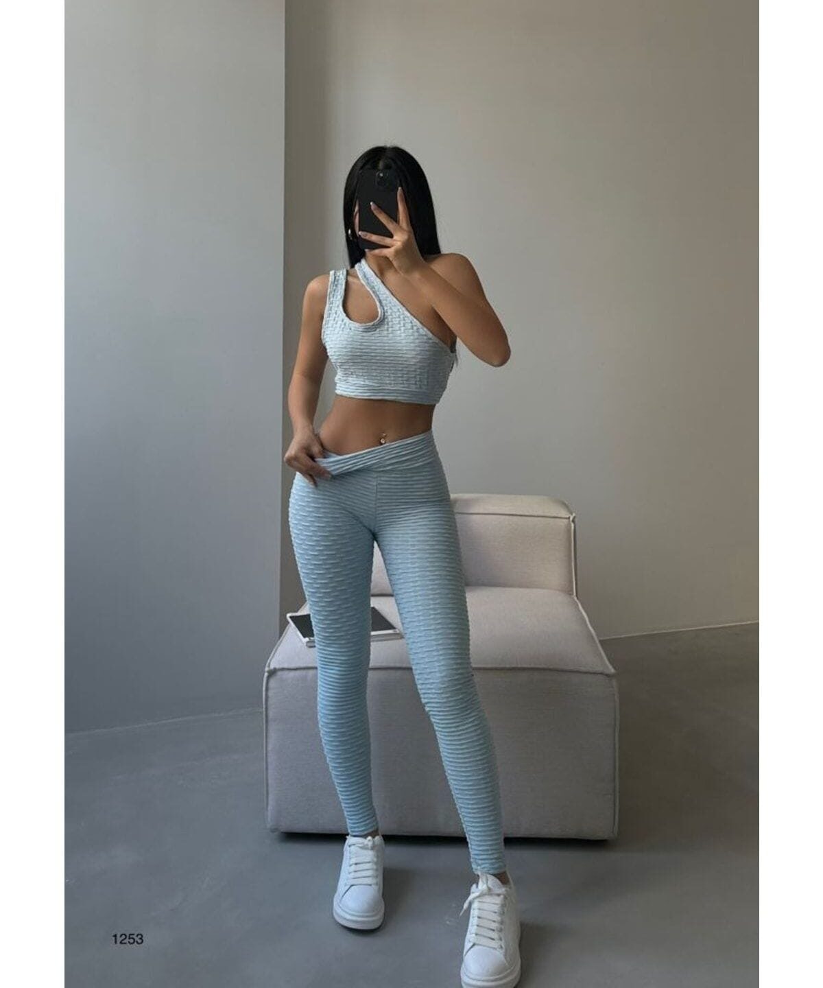 Asimetrik Askılı Mavi Crop - Tayt Takım Asimetrik Askılı Mavi Crop - Tayt Takım