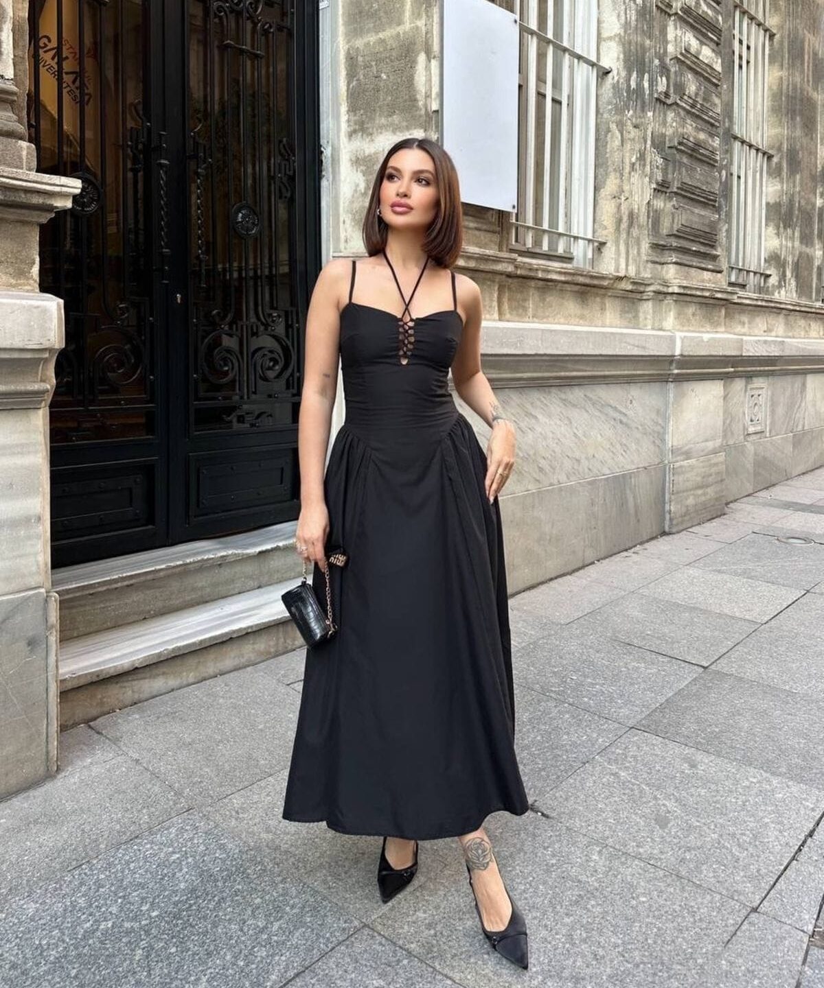 İp Detaylı Prenses Askılı Maxi Boy Elbise