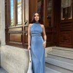 Sırt Detaylı Piliseli Mavi Maxi Boy Elbise Sırt Detaylı Piliseli Mavi Maxi Boy Elbise