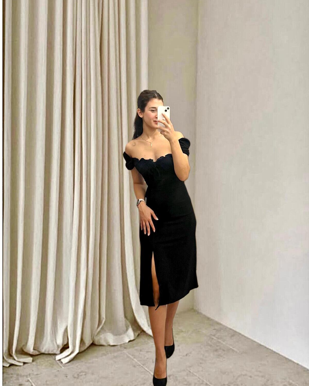 İp Detaylı Yırtmaçlı Midi Boy Elbise