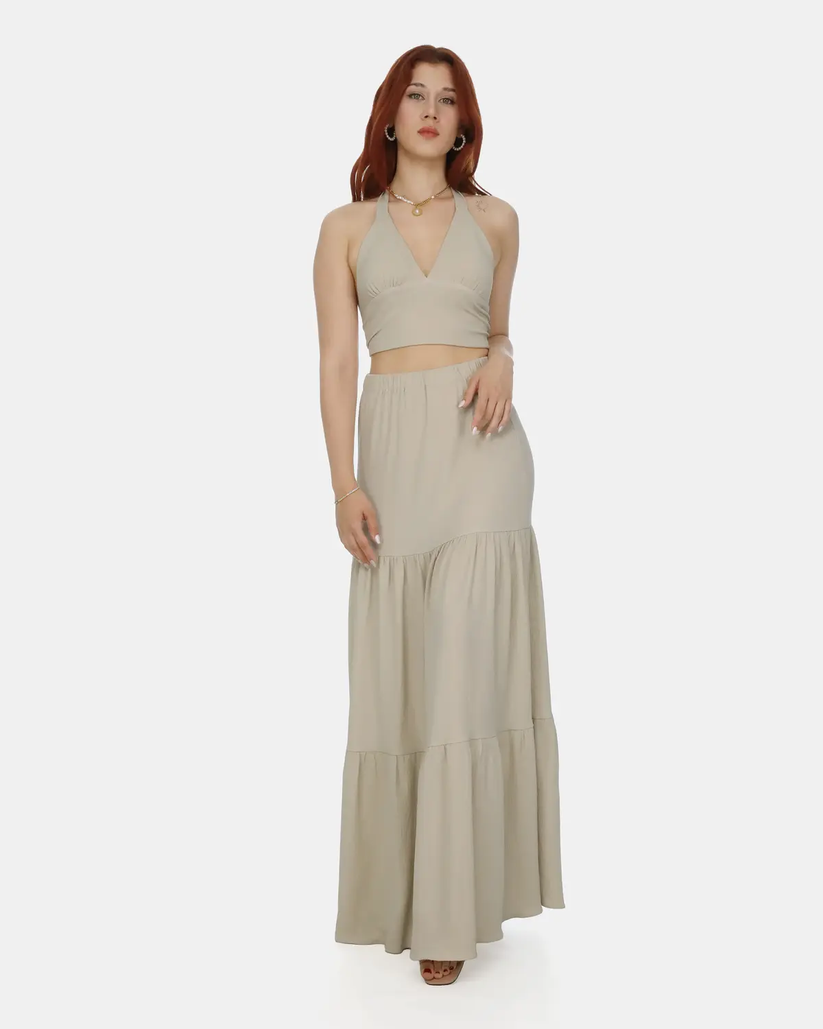 Bürümcük Kumaş Sırt Detaylı Boyun Bağlamalı Crop-Uzun Etek Takım