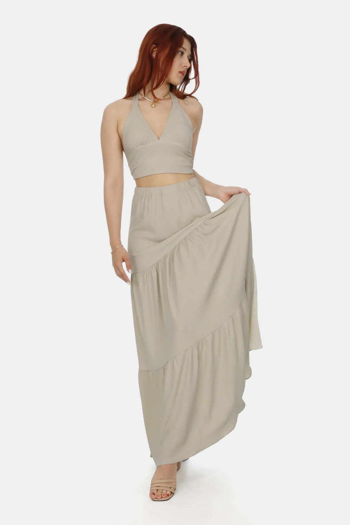 Bürümcük Kumaş Sırt Detaylı Boyun Bağlamalı Crop-Uzun Etek Takım