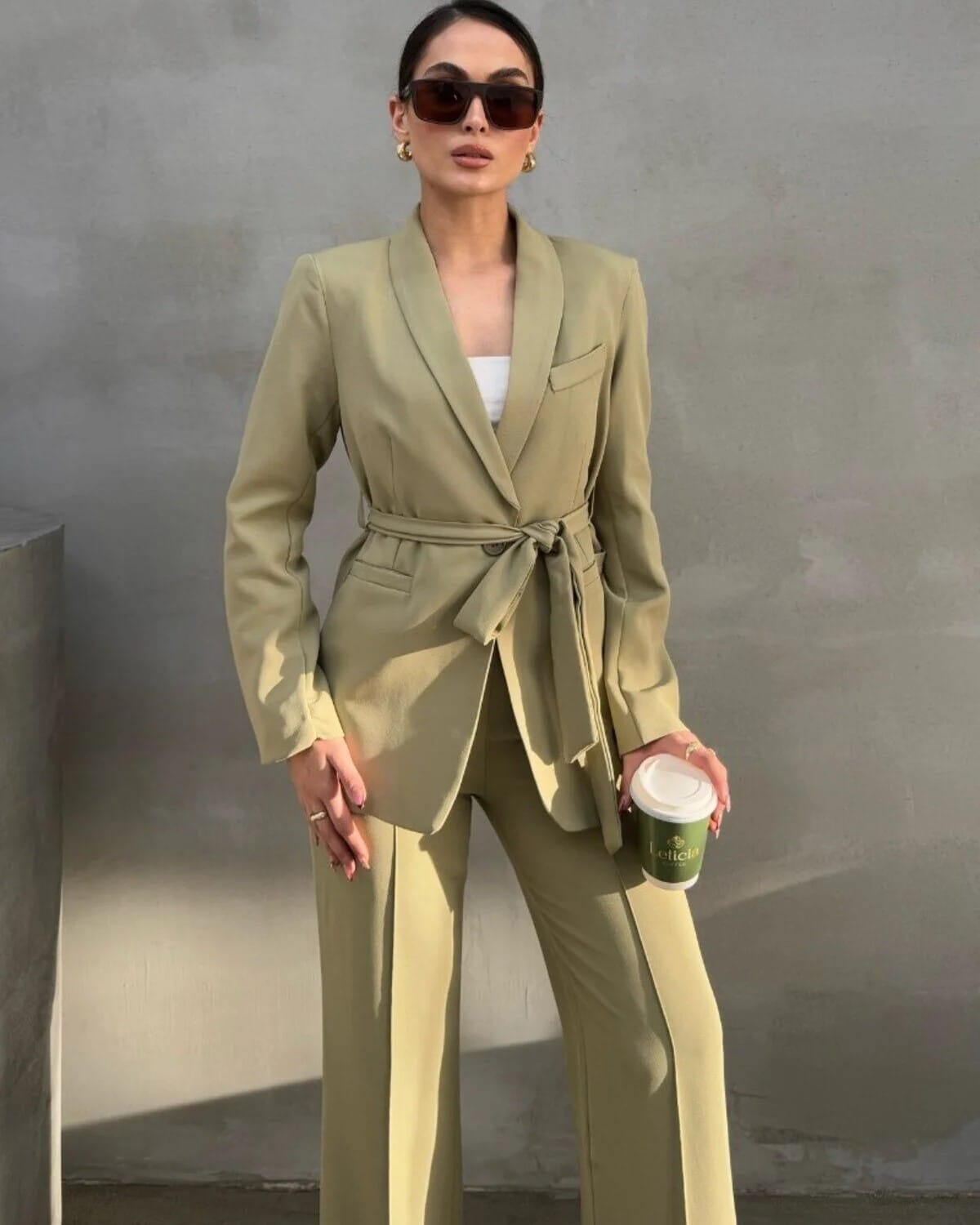 Kadın Ikili Kuşaklı Blazer Ceket Pantolon Takım