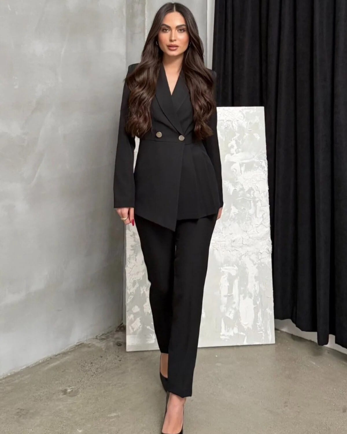 Kadın İkili Blazer Ceket Pantolon Takım Pile ve Düğme Detaylı Boru Paça