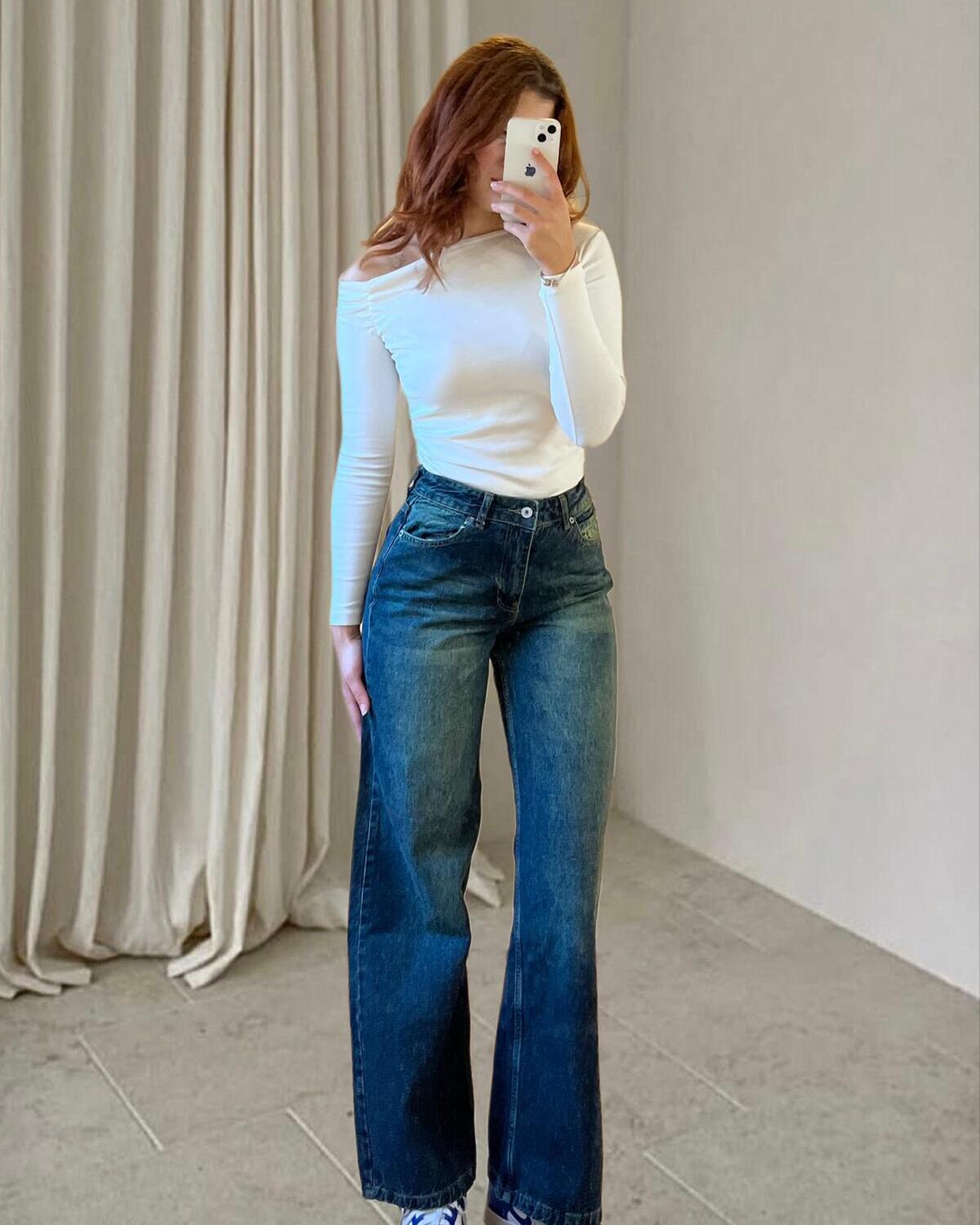 Baggy Yeşil Tint Salaş Yüksek Bel Jean