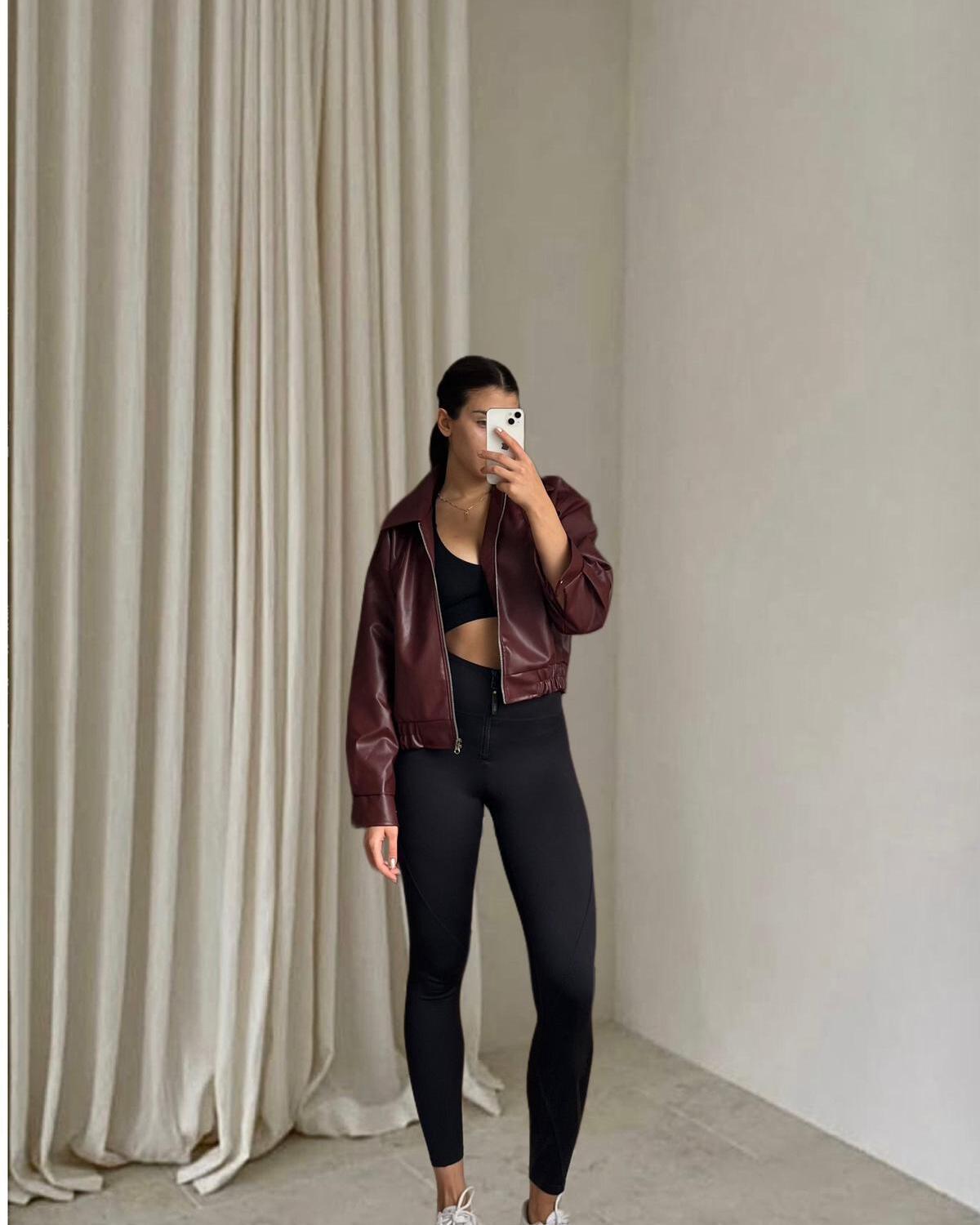 Bordo Oversize Beli Büzgülü Bomber Deri Ceket