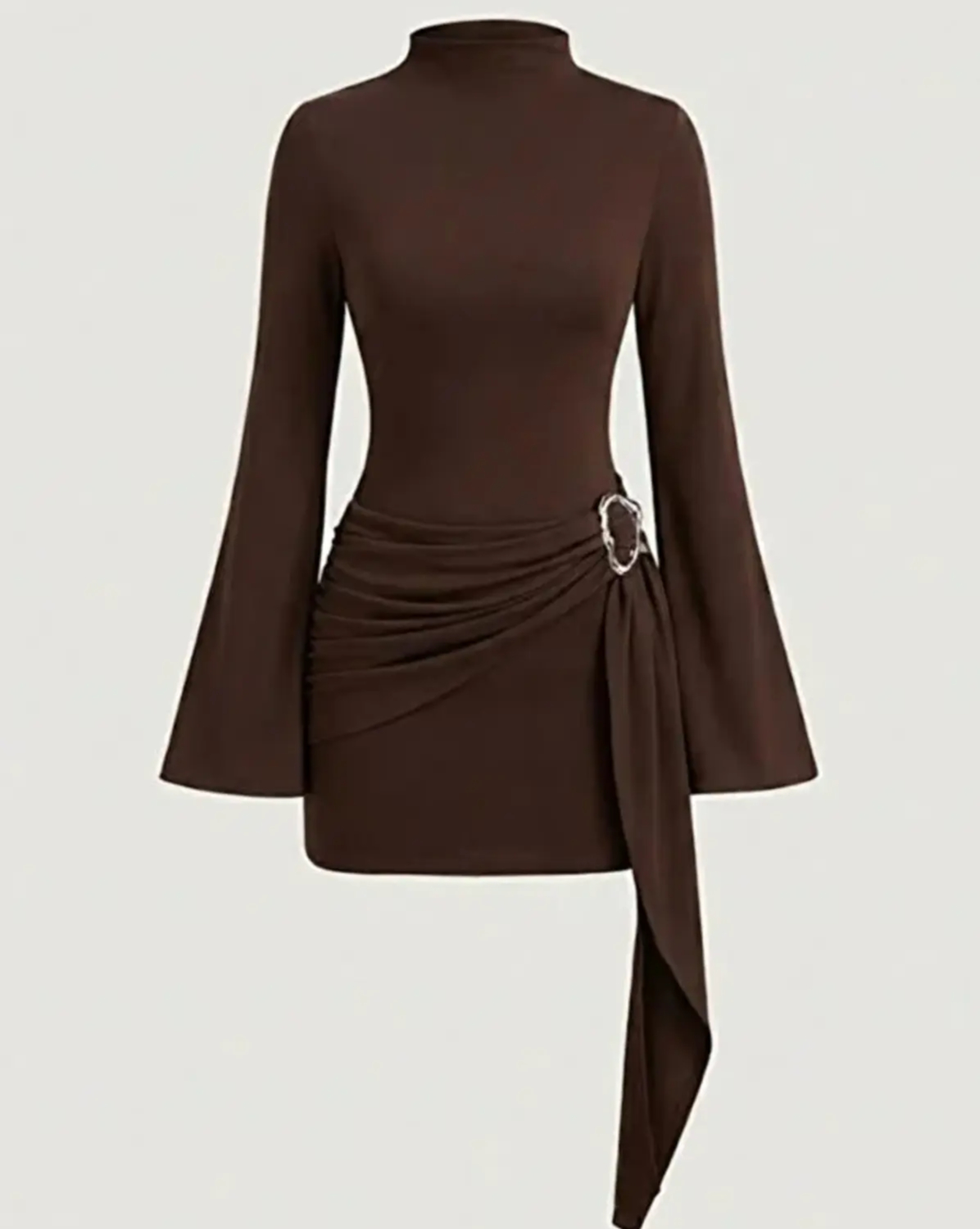 Kahverengi Kadın Dik Yaka Toka Detaylı Kuşaklı Toparlayıcı Kalıp Trend Tasarım Mini Elbise