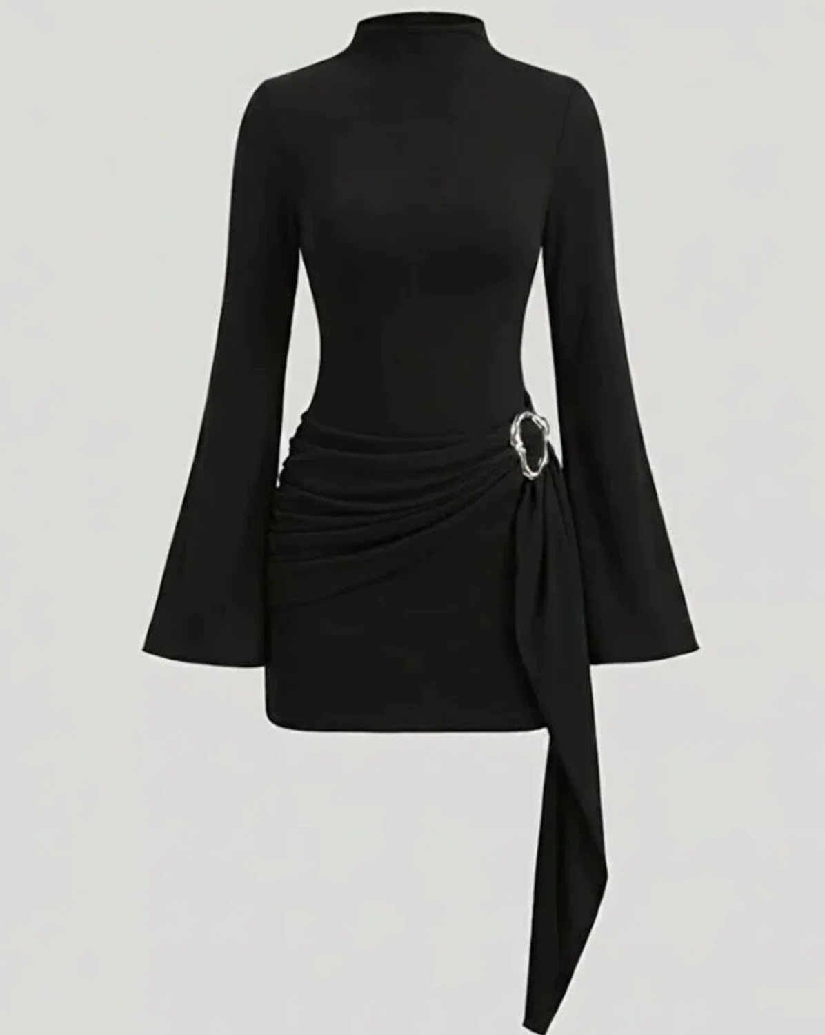 Siyah Kadın Dik Yaka Toka Detaylı Kuşaklı Toparlayıcı Kalıp Trend Tasarım Mini Elbise